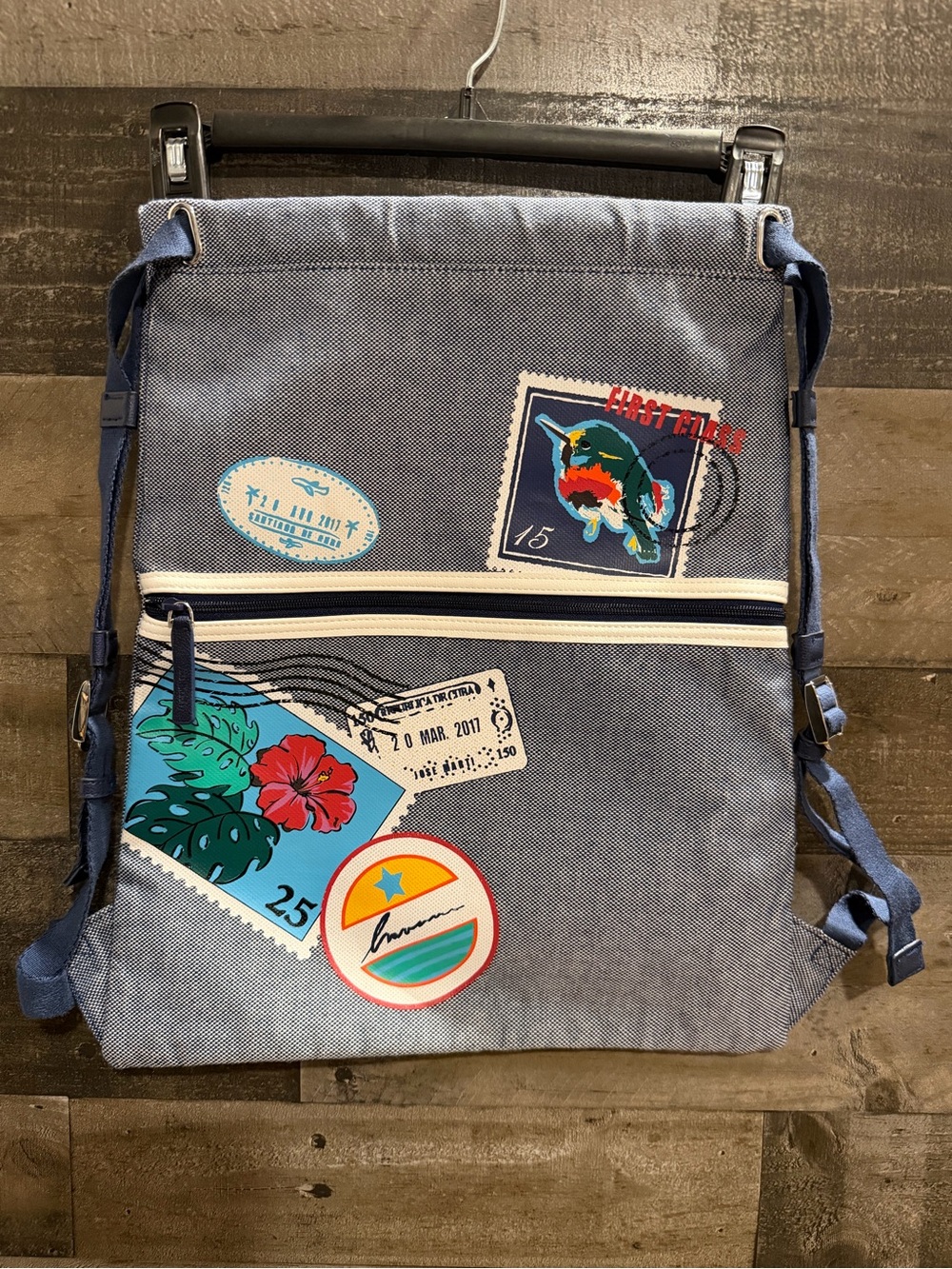 Vera Bradley Blue Canvas Travel Messenger Bag with Badge Prints